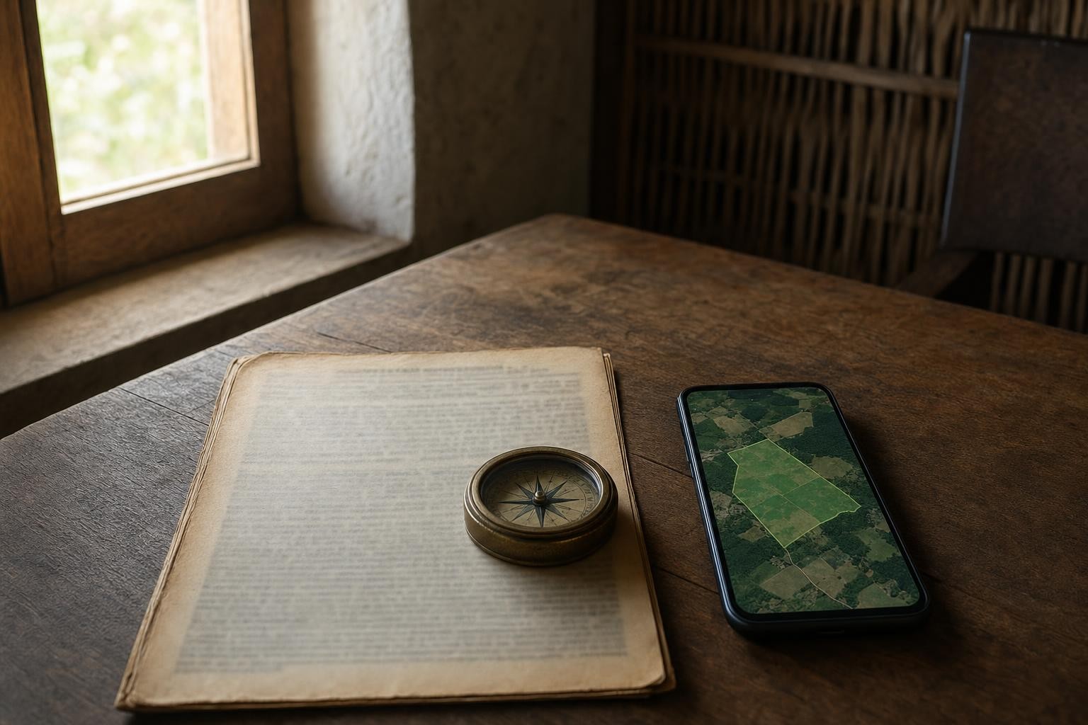 Matrícula de imóvel rural com memorial descritivo em letra miúda sobre a mesa